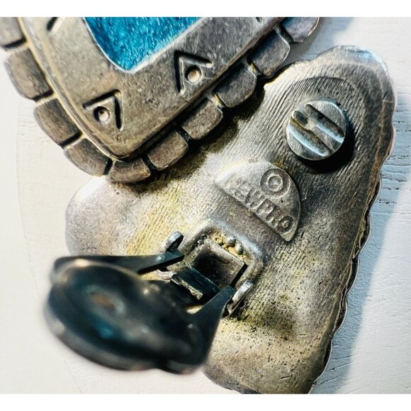 Vtg Southwest Triangular Clip-On Silver-tone Earrings Turquoise Resin Inlay - Picture 4 of 6